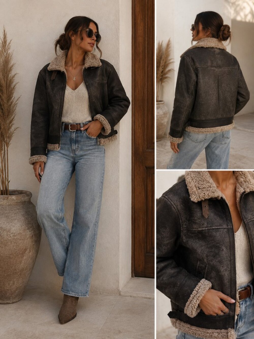 Vintage Genuine Shearling Sheepskin Leather Aviator Bomber Jacket Brown M